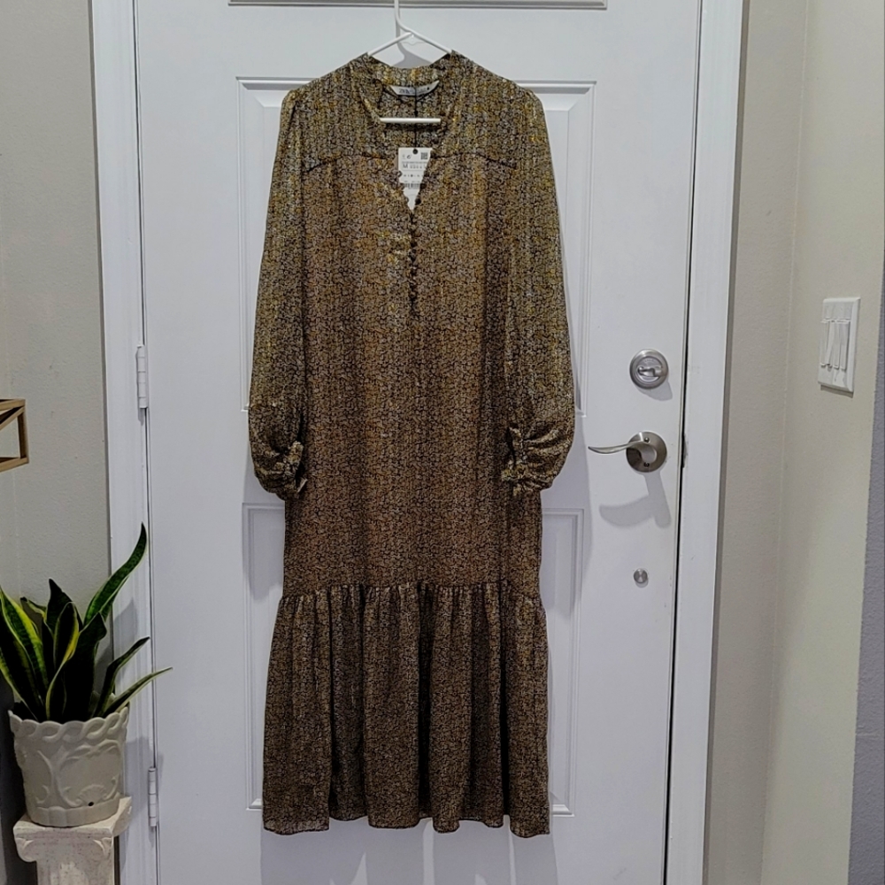 Zara Metallic Floral Print Midi Summer Dress